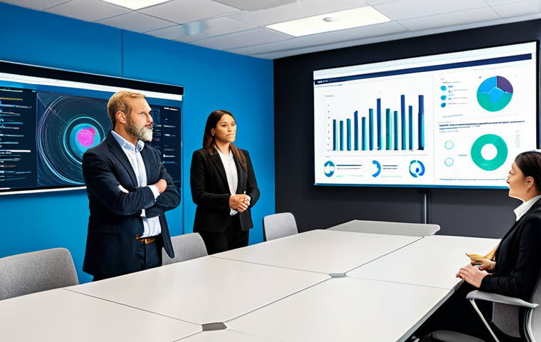 A diverse group of adults, male and female, professionally dressed in modest business attire, gathered in a bright, modern training room. They are actively participating in a cybersecurity awareness session, with a presenter standing near a large screen displaying abstract network diagrams and cybersecurity infographics. The scene conveys a sense of collective learning and professional development. fully clothed, appropriate attire, safe for work, appropriate content, professional, family-friendly, perfect anatomy, correct proportions, natural pose, well-formed hands, proper finger count, natural body proportions, professional photography, high quality.