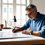 **

"A professional Italian architect, fully clothed in a stylish business casual outfit appropriate for a Milan office, is reviewing blueprints at a sunlit drafting table, surrounded by architectural models. Safe for work, appropriate content, perfect anatomy, natural proportions, well-formed hands, professional, high quality, bright and airy, modern Italian design."

**
