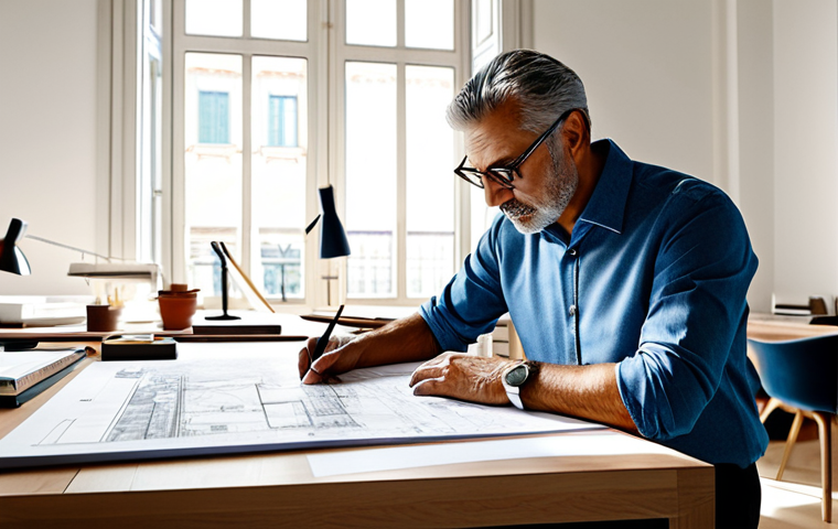 **

"A professional Italian architect, fully clothed in a stylish business casual outfit appropriate for a Milan office, is reviewing blueprints at a sunlit drafting table, surrounded by architectural models. Safe for work, appropriate content, perfect anatomy, natural proportions, well-formed hands, professional, high quality, bright and airy, modern Italian design."

**