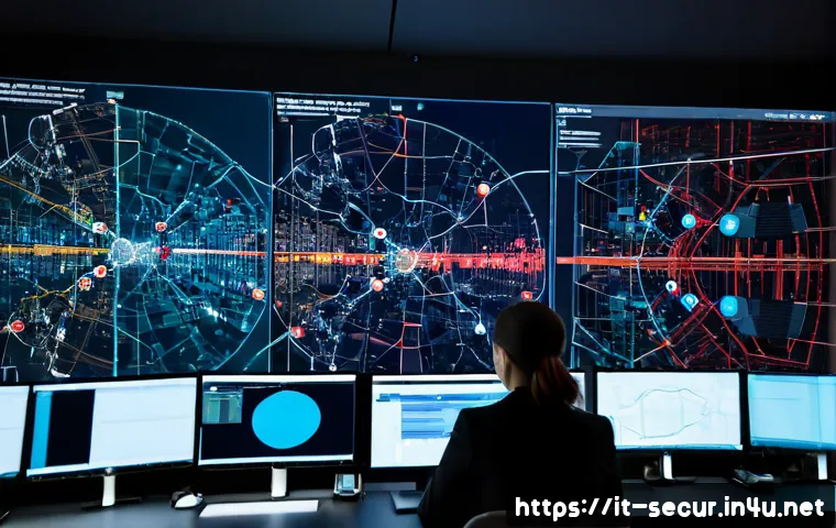 정보보안학 사이버 공격 탐지 - Photorealistic cybersecurity operations center in Milan, Italy, an Italian security analyst monitori...